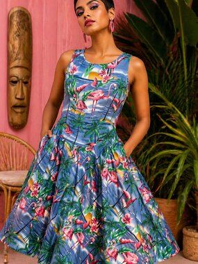 Dolly & Dotty Flamingo Tropical Print Swing Dress Retro 50s UK 8 US 4 NEW